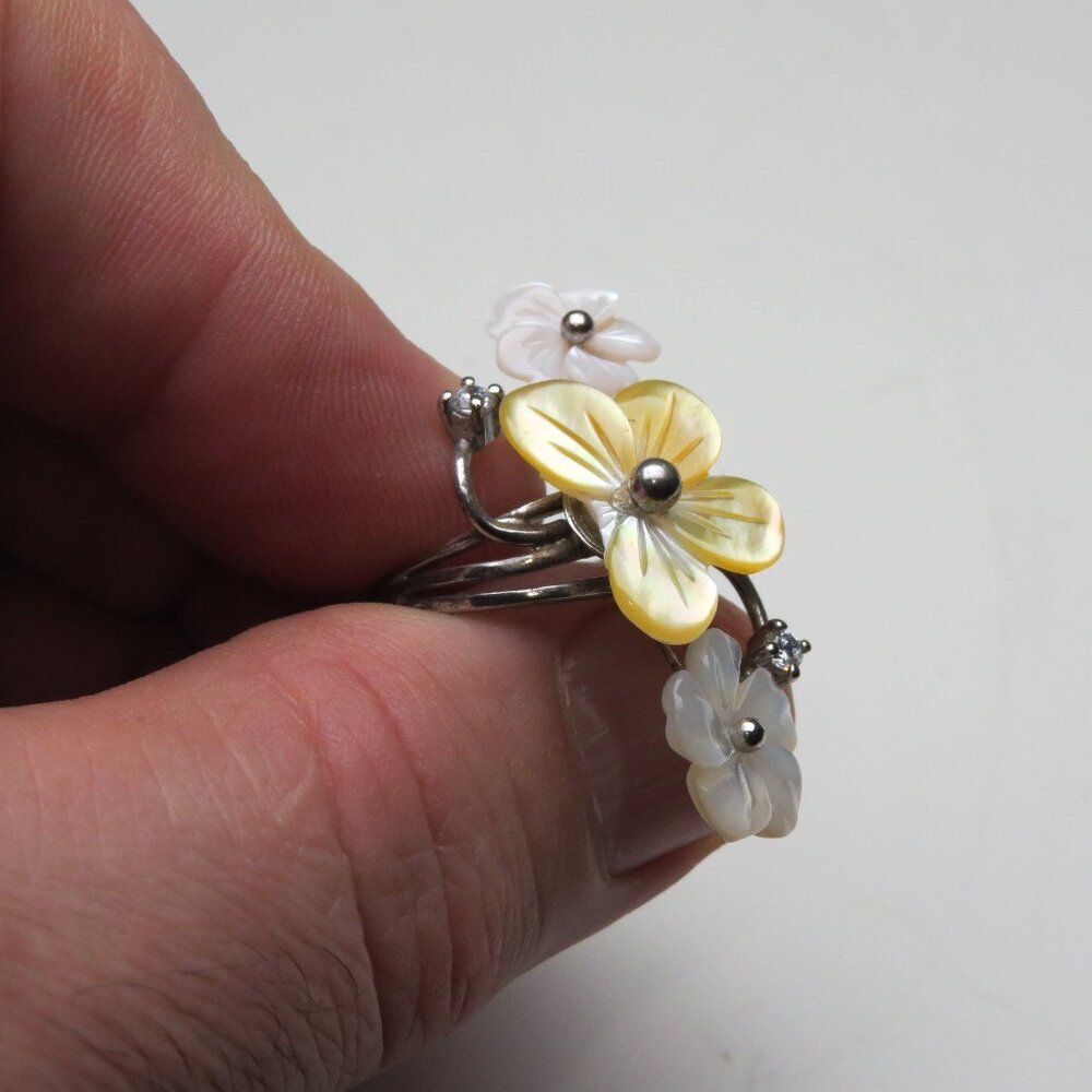 *925 Sterling Silver Diamond Flower shells  Ring